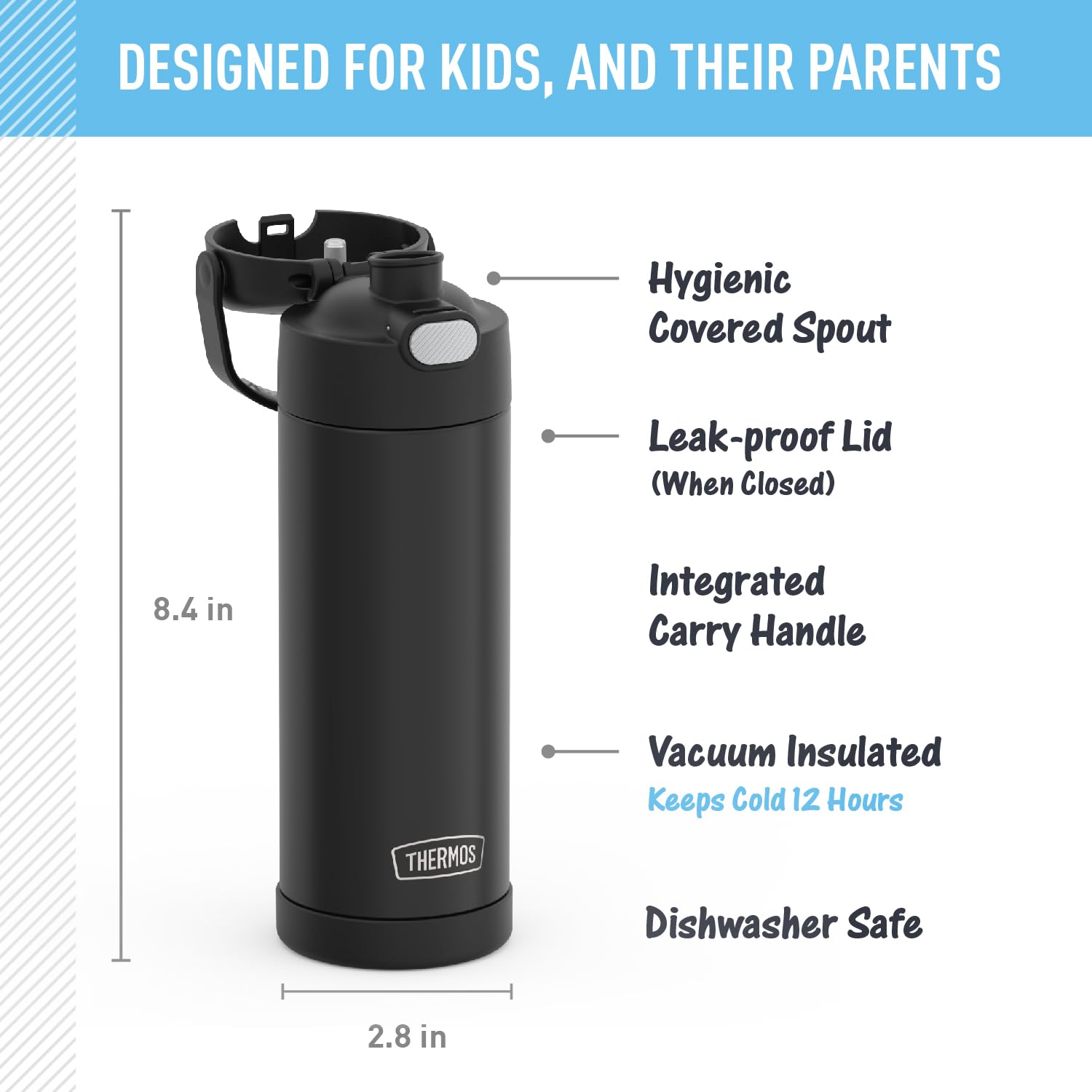 Thermos Funtainer 16 Ounce Stainless Steel Vacuum Insulated Bottle With Wide Spout Lid, Black Matte